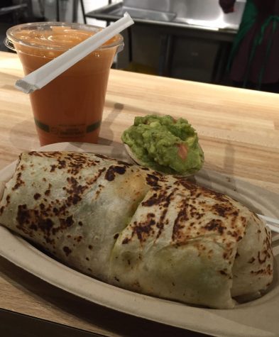 A Jazz and Blues juice from Malamiah Juice Bar and a chicken burrito from Tacos el Cunado make a hearty and delicious lunch.