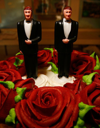 Same-sex wedding cake topper figurines at Cake and Art in 2008 in West Hollywood, Calif.