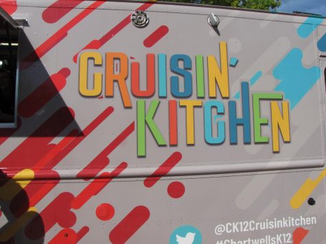 The colorful, fun design on the side of the Chartwells food truck. 