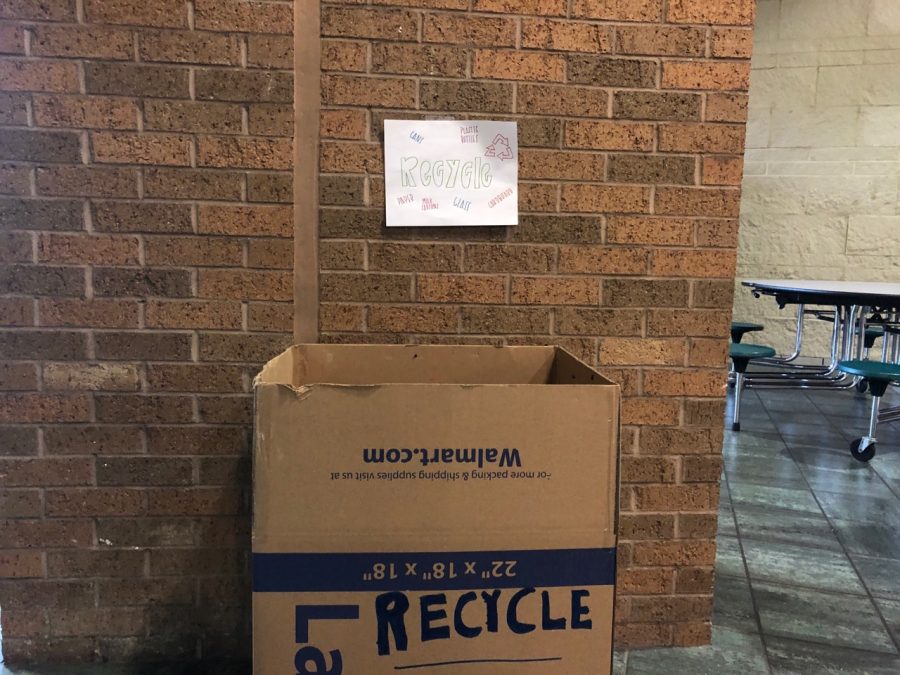 One of four homemade recycling bins made by members of the environmental club