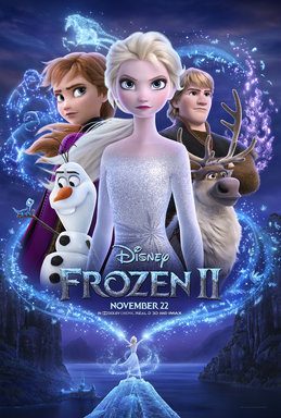 Frozen 2 poster featuring returning characters Elsa, Anna, Kristoff, Olaf, and Sven