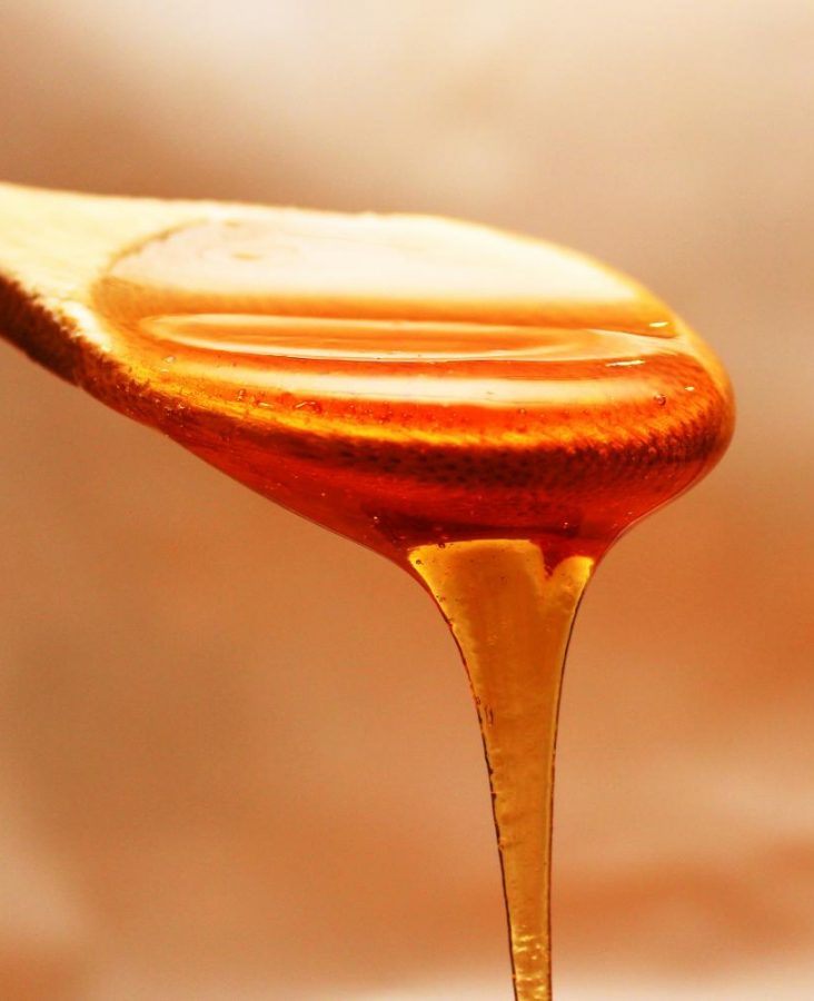 Honey drips slowly off a wooden spoon.