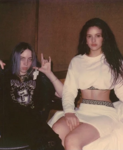 A picture of Billie Eilish (left) and Rosalia (right) together in the making of their song.