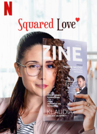 The poster for Squared Love, in which the main character Monika holds up a magazine of her alter ego Klaudia.