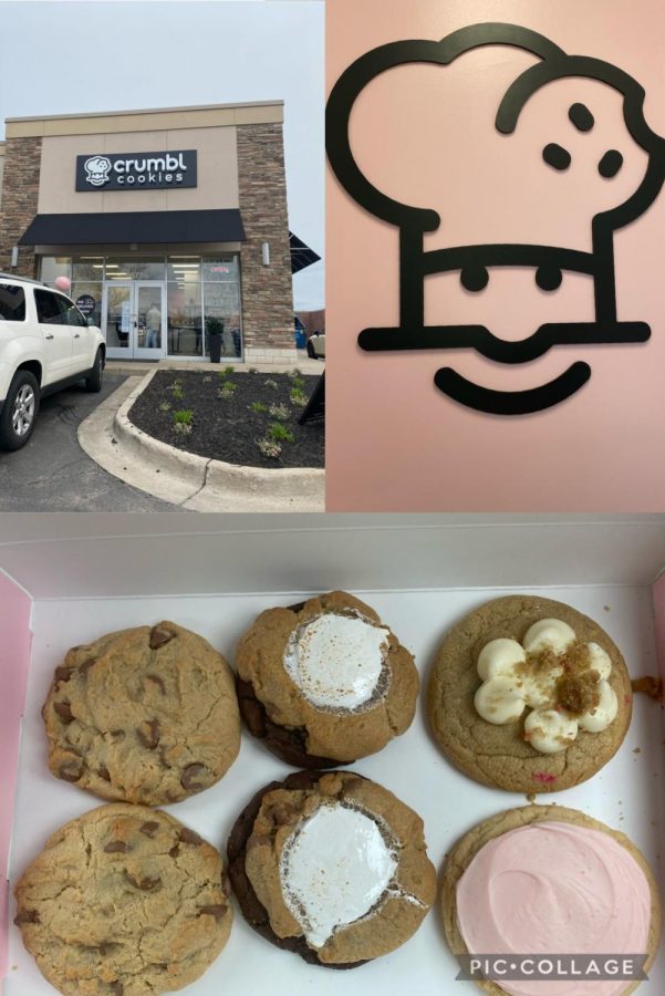 Top left: the outside of Crumbl Cookies. Top right: One of the walls in the interior of the building with the Crumbl Cookies logo. Bottom: A picture of each cookie I ordered; the two on the left being Milk Chocolate Chip, the two in the middle are S'mores Brownie, the one on the top right is the Cake Batter, and the one on the bottom right is the Chilled Sugar.