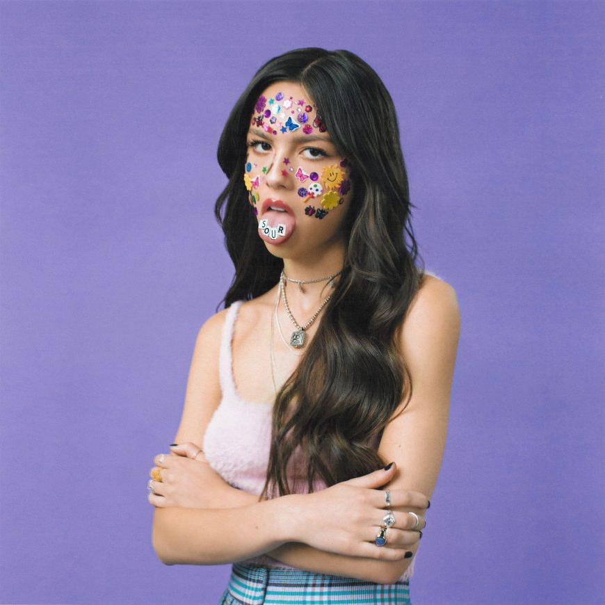 The cover art for Olivia Rodrigos debut album SOUR, which features her hit song drivers license.