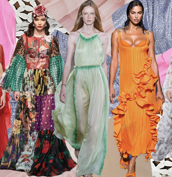 Pinks, yellows, oranges, and a range of greens with nude as a neutral backdrop, of course, are this season’s palette.