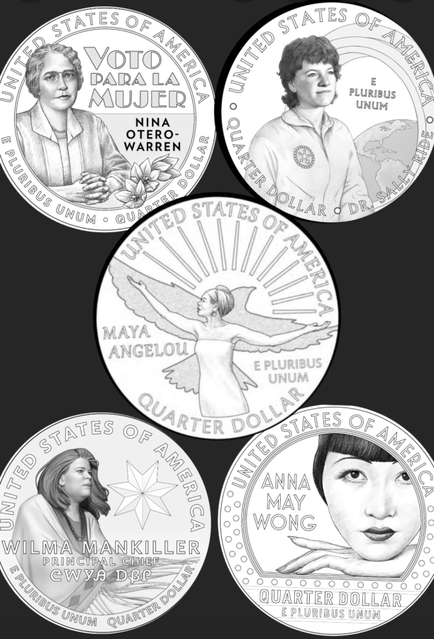 The five quarters that will be released in 2022, featuring Maya Angelou, Dr. Sally Ride, Wilma Mankiller, Nina Otero-Warren, and Anna May Wong.
