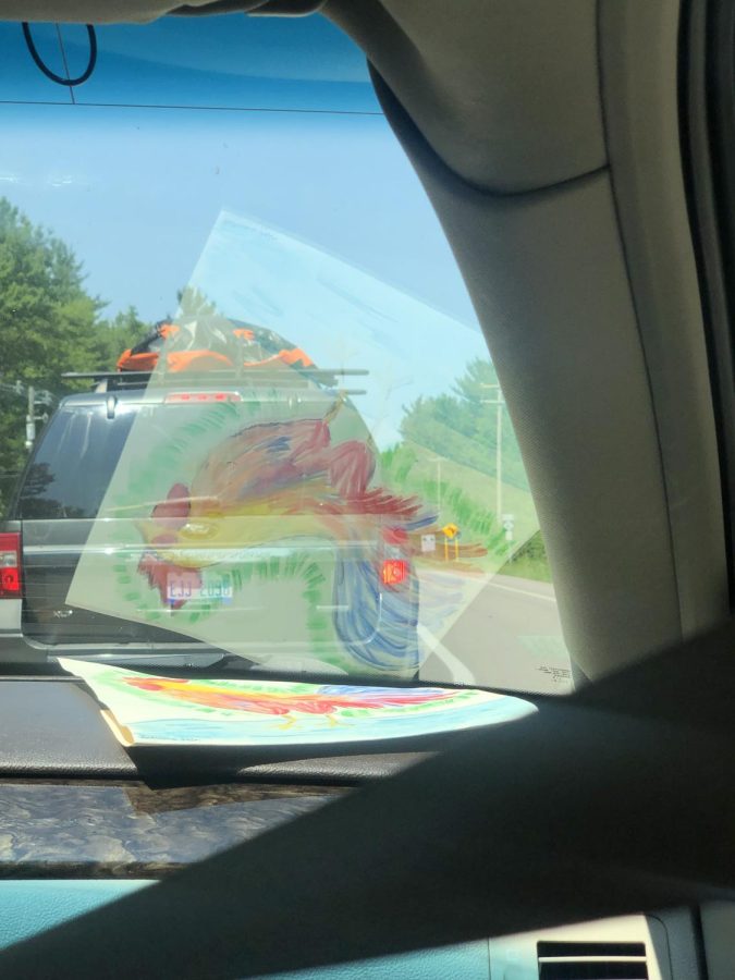 a picture of my friends rooster painting reflected in the car windshield