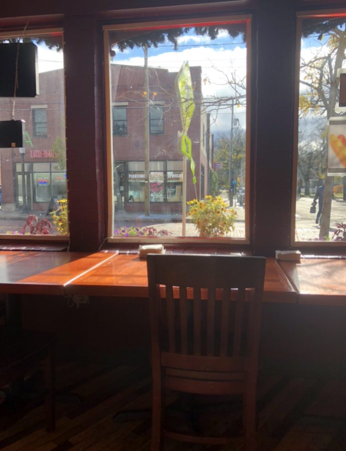 A view of the people watching window inside of Ninos Eastown Cafe.