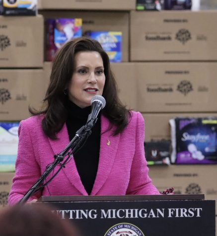 Governor Gretchen Whitmer speaking on the topic of free menstruation products in public restrooms in Ann Arbor. 