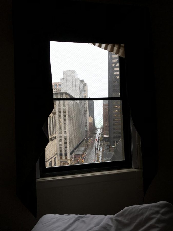 A window overlooking downtown Chicago and the buildings that line Michigan Street