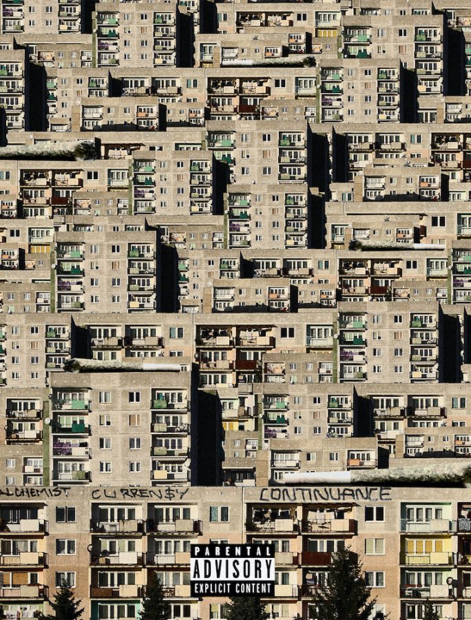 The album cover of Continuance showcasing hundreds of carbon-copy buildings and the artists names.