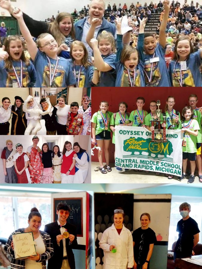 A collage of Odyssey of the Mind team photos. These images span a variety of years from fourth grade to now. 
