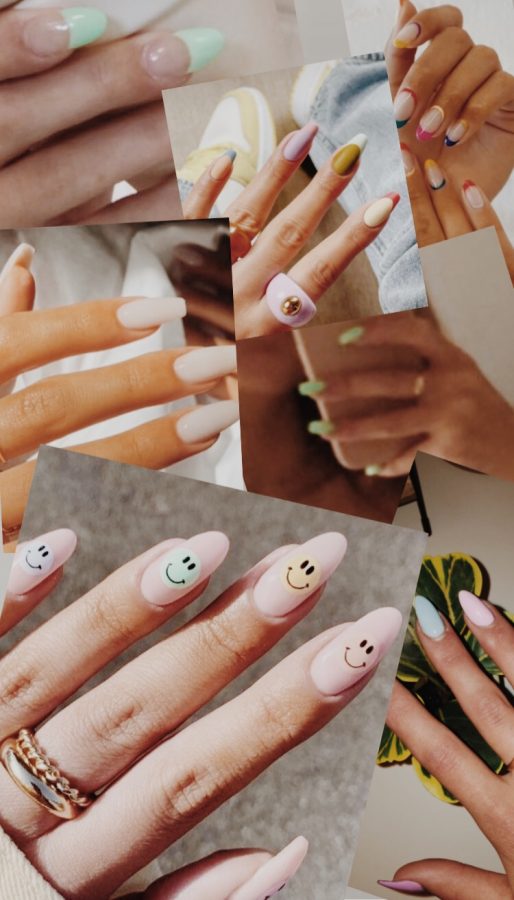 A collage of examples of nail color and design trends referred to in the article.