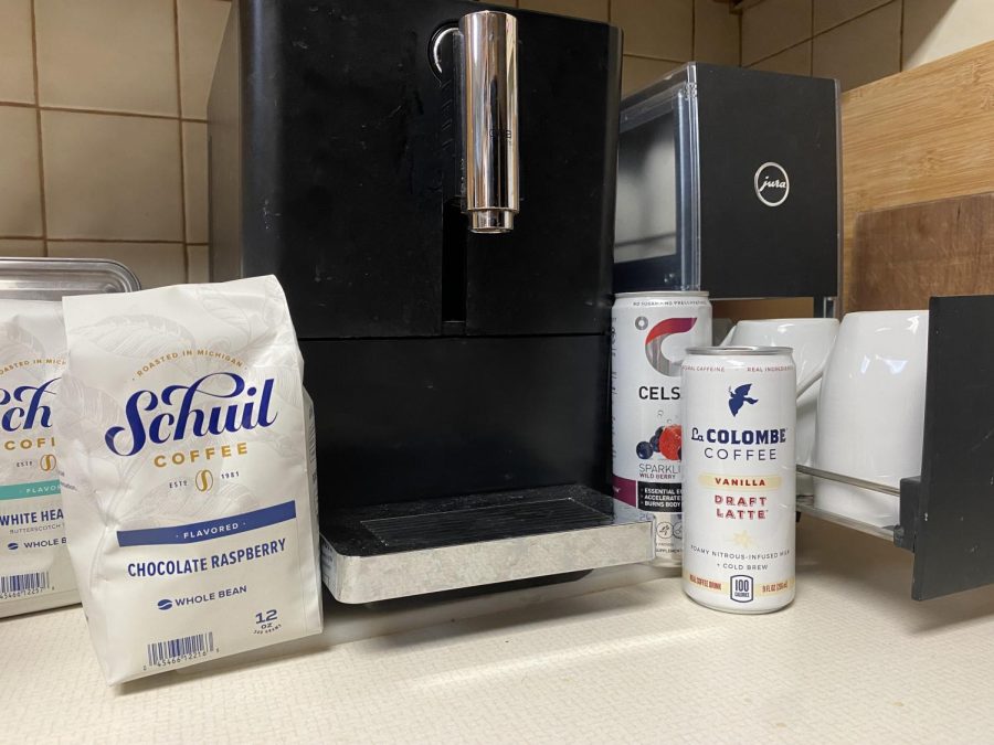 A coffee maker, coffeebeans, Celsius, and a pre-packaged latte—all are common caffeine drinks for students at FHC.