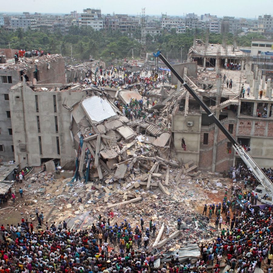 A photograph of the Rana Plaza building collapse in Dhaka, Bangladesh, on April 24, 2013.