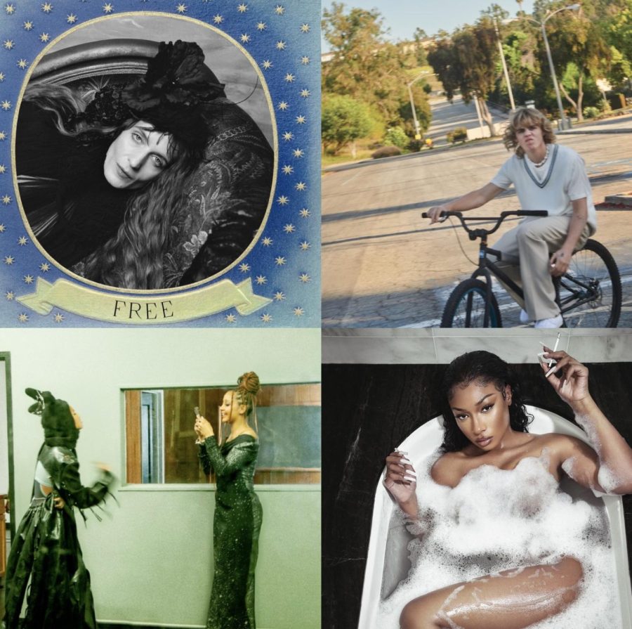 Top left: cover art for Free, by Florence + The Machine. Top right: cover art for Thousand Miles, by The Kid LAROI. Bottom left: cover art for Where you are (feat. WILLOW), by PinkPantheress. Bottom right: cover art for Plan B, by Megan Thee Stallion.