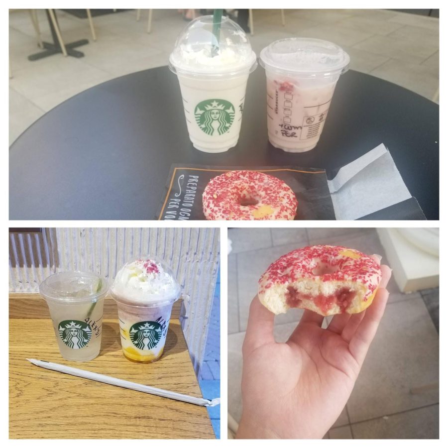 The pretty drinks and donut I got at Starbucks in Italy