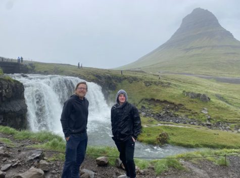 Nick and his father in front of a waterfall in Western Iceland.