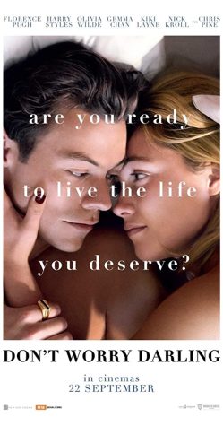 The movie poster for Dont Worry Darling, featuring actors Florence Pugh and Harry Styles.