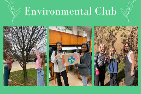 Images of FHCs Environmental Club hanging up pine cone feeders, weeding, and decorating recycling boxes