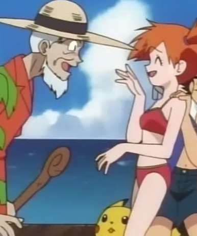Misty uncomfortably moving away from a creepy old man in a situation that is supposed to be amusing.