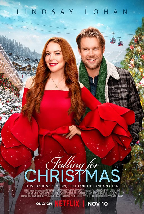 The movie poster for Falling for Christmas, featuring Lohan and Overstreet.
