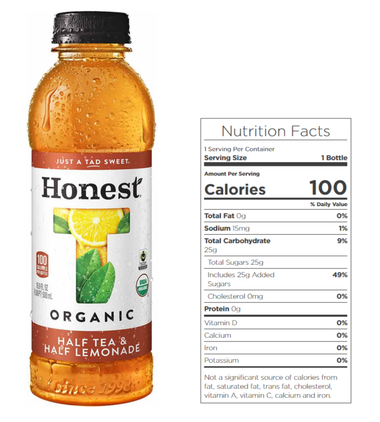 A Honest Tea with a misleading Just a tad sweet emblem on it.