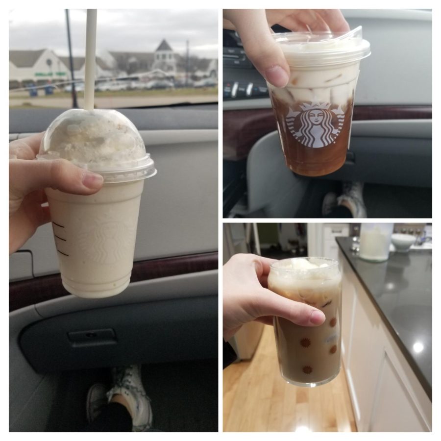 The cold brew and frap that I got from Starbucks, along with the cold brew after I added more cream to it