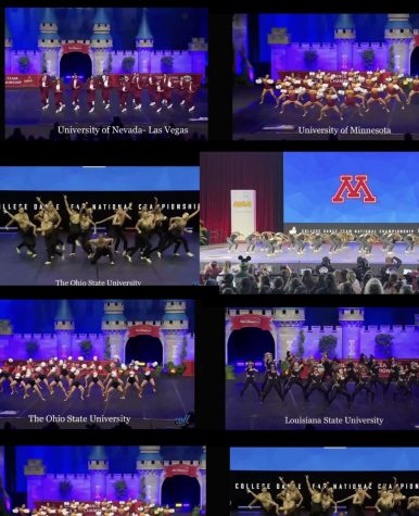 Pictured here are the college dance teams of University of Minnesota, Louisiana State University, Ohio State University, and University of Nevada Las Vegas at the 2023 UDA College Dance National Championship.