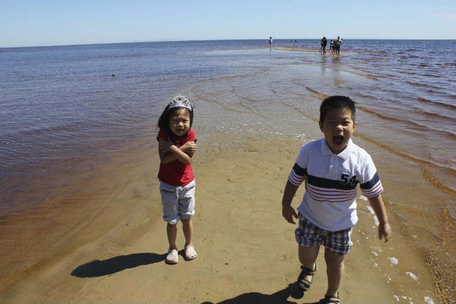 A picture of young Alex Chen and his sister at the beach.