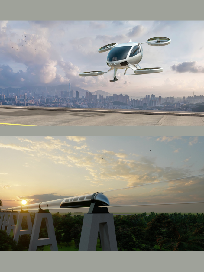 Two drawn out prototypes of the Hyperloop and the eVTOL Volocopter