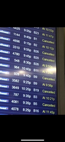 The flight board from that night with almost every flight being canceled.