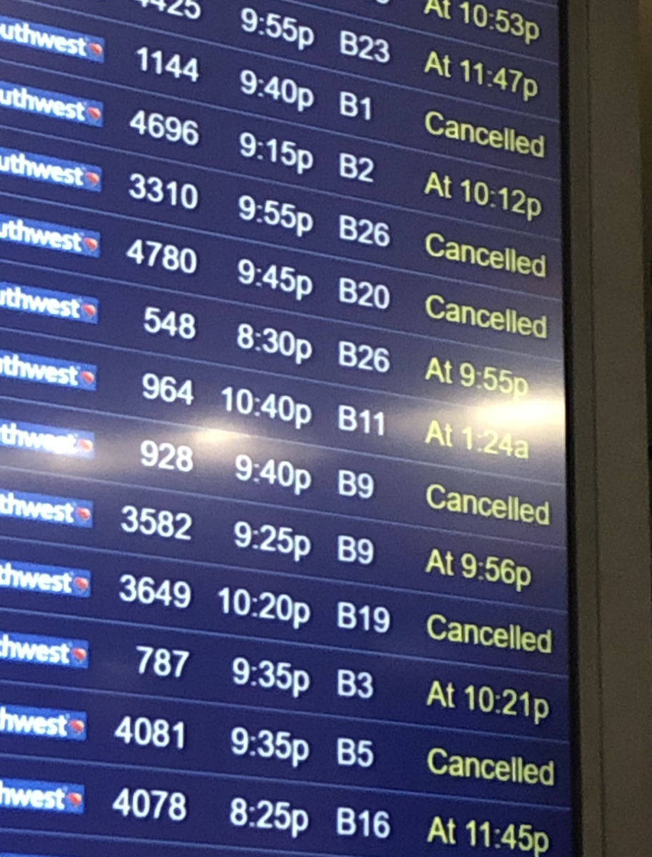 The flight board from that night with almost every flight being canceled.