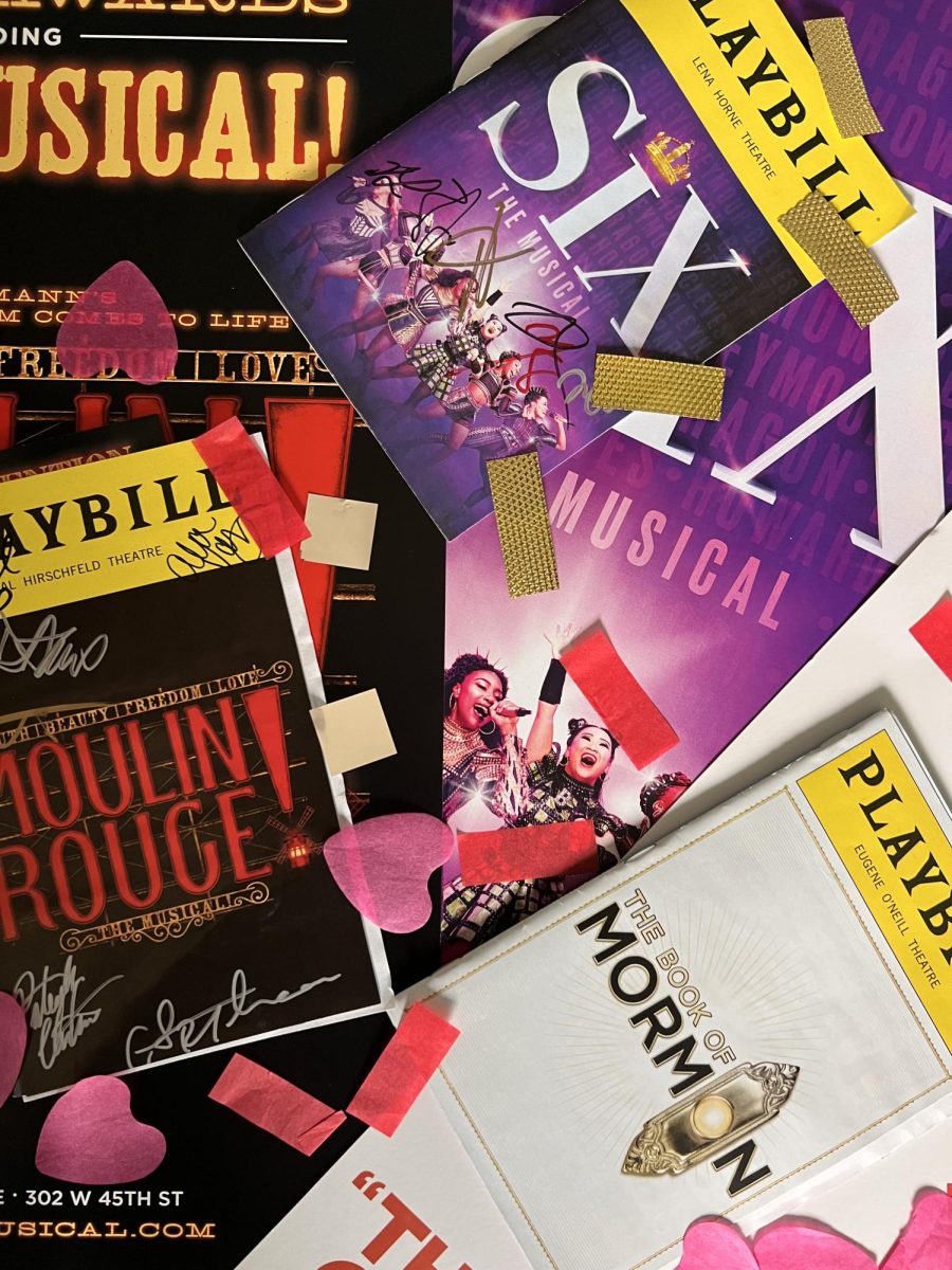 A collection of the items from the shows: playbills, posters, and confetti