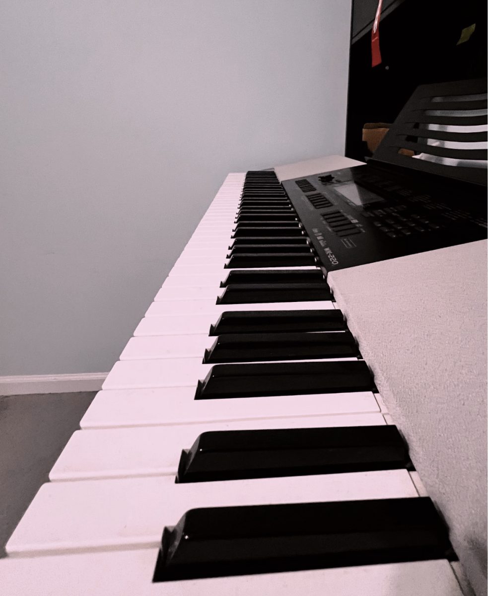 The piano that sits so peacefully on my desk just waiting to be played. 