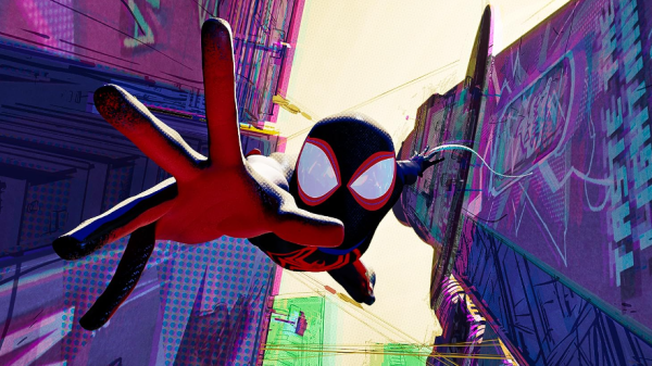 Miles Morales (Shameik Moore) swings from the buildings of New York as Spider-Man.