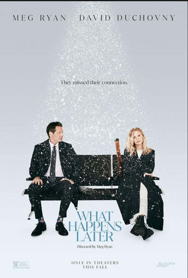 The movie poster for What Happens Later showcases the only two characters of the film sitting on the airport bench.