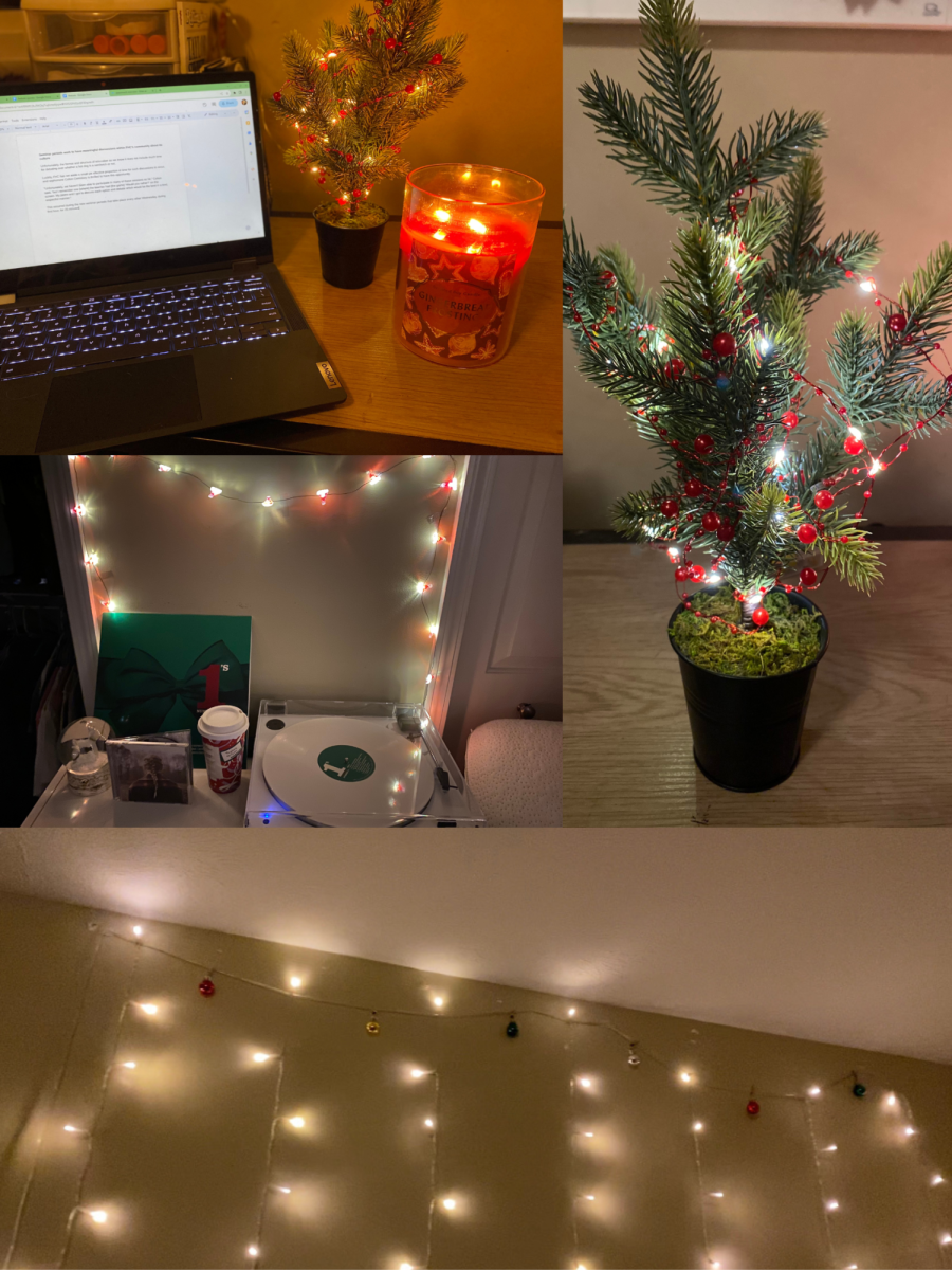 A collage of the Christmas decorations in my room that make it feel like home.
