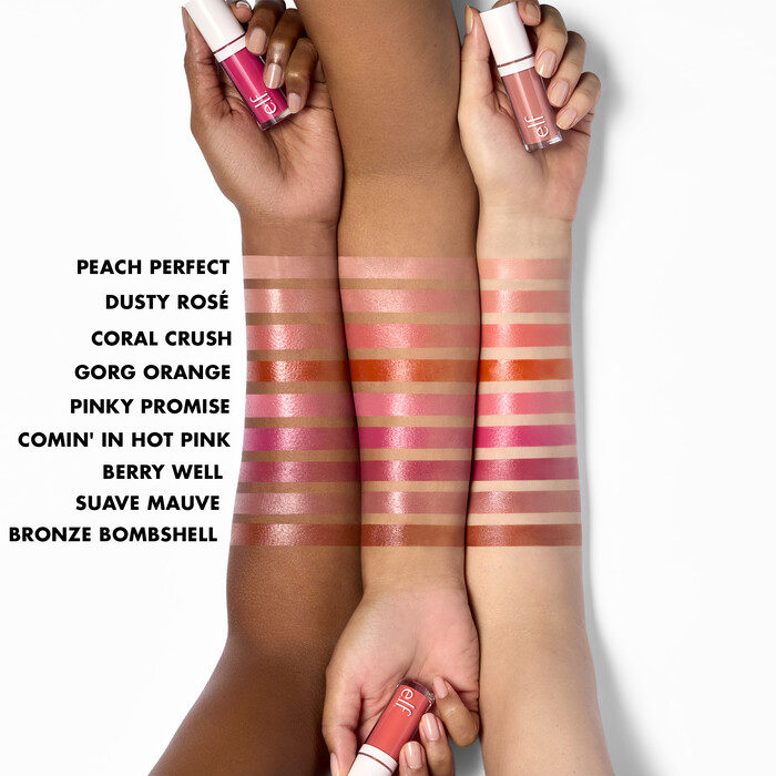 A display of how Elfs Camo Liquid Blush appears on different skin tones.