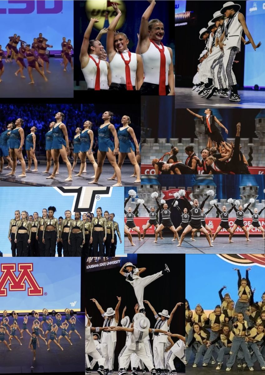 Various photos from routines by Ohio State, Minnesota, Louisiana State, Florida State, and Central Florida.