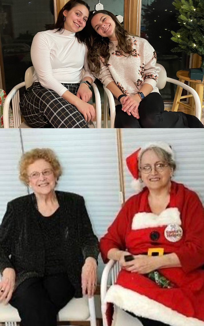 My sister and I (top) recreates a photo in the same chairs as the original matriarchs of the family, my grandma and my great-great-aunt (bottom).
