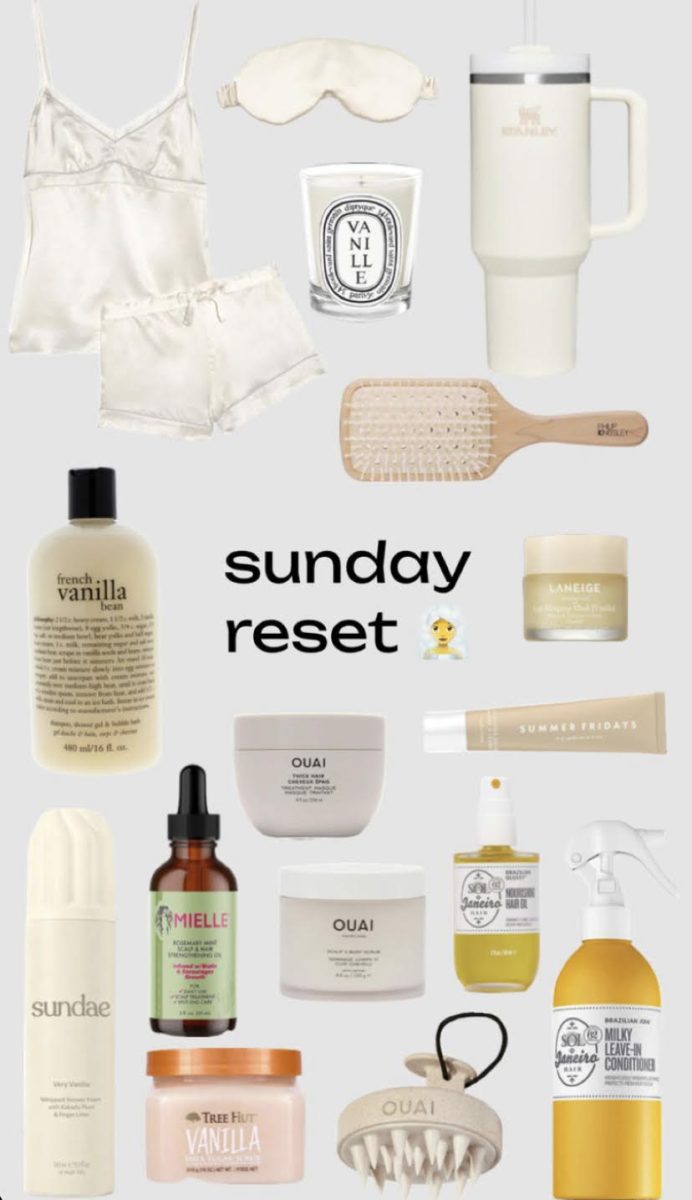 A collage of essentials to a typical Sunday reset routine 