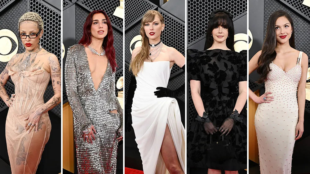 A collage of some of the elegant outfits from the evening of the Grammy Awards.
