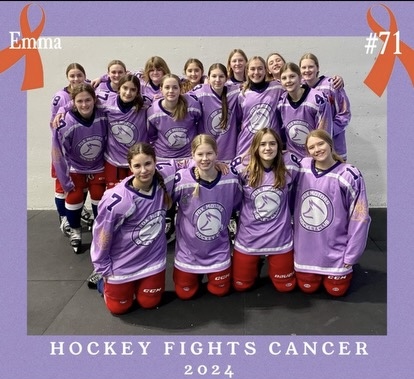 My hockey team played for Emma, our former teammate and friend, in our 2024 Hockey Fights Cancer game. On our sleeves is a flower she drew before her passing that continues today to show all the hearts she had touched during her life. 
