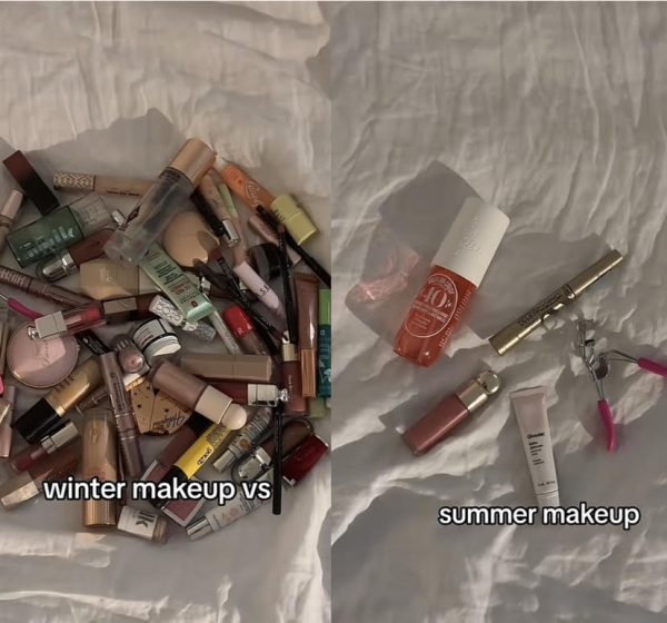 a side by side comparison of winter vs summer makeup from a tik tok influencer 