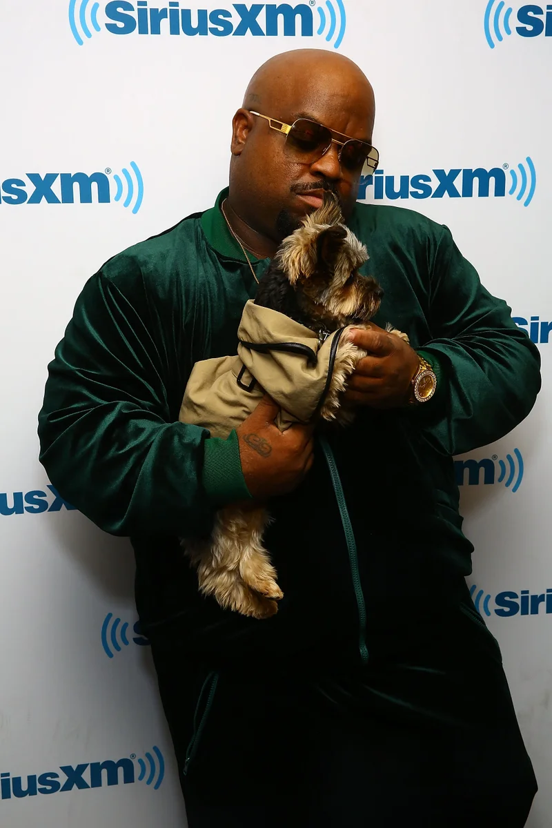 Rapper Ceelo Green matching with his stylish dog, who is sporting a jacket.