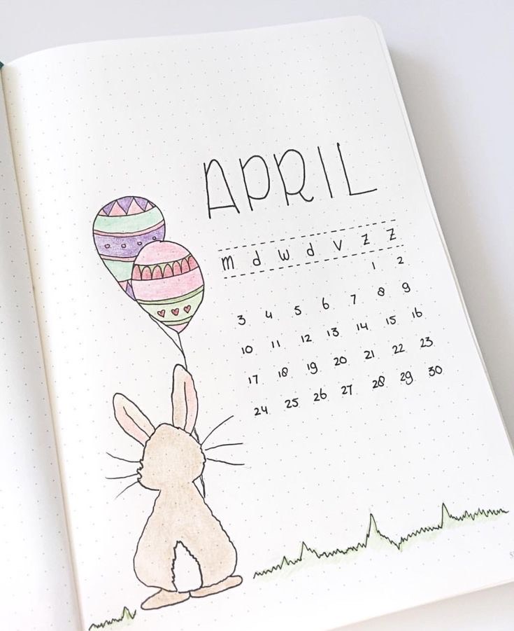An example of an April bullet journal page that implements a bunny.