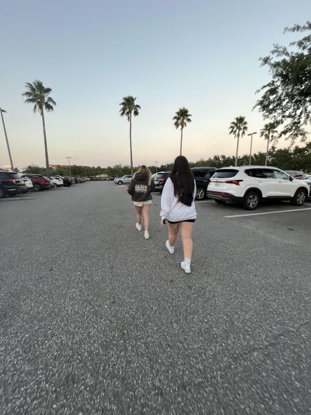 a picture of my friend and I walking together during sunset 